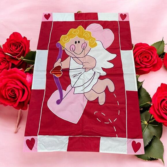 Vintage Valentines Day Cupid Heart Arrow Love Outdoor Garden Flag 28"W x 44"L - Picture 1 of 12